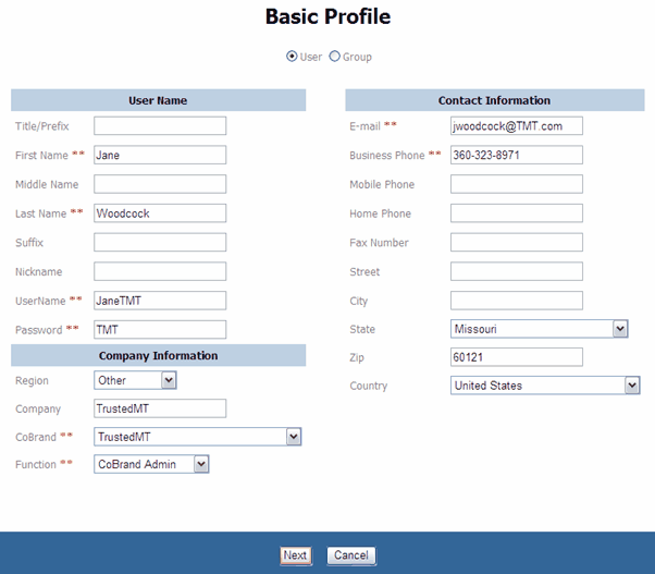 Cobrand user basic profile page